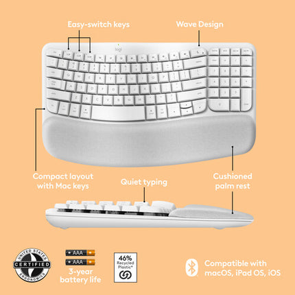 Logitech Wave Keys para Mac Teclado Ergonómico Inalámbrico Blanco Off White 3 Años Batería