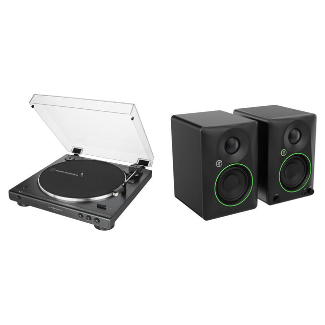 Audio-Technica AT-LP60XBT-USB-BK Tocadiscos USB Bluetooth 33 1/3 y 45 rpm con altavoces Mackie CR3.5BT 25W