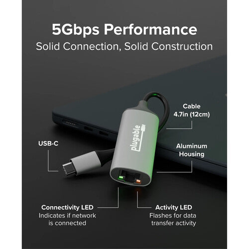 Plugable Adaptador Ethernet 5 Gigabit a USB-C 3.2 Gen 2 compatible Windows y macOS