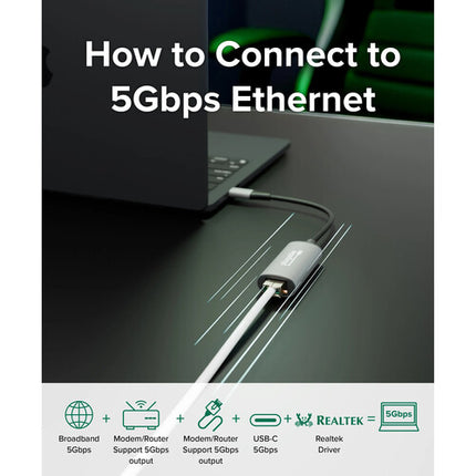 Plugable Adaptador Ethernet 5 Gigabit a USB-C 3.2 Gen 2 compatible Windows y macOS