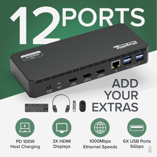 Plugable 12-en-1 USB Type-C Estación de acoplamiento 3 HDMI 60W PD