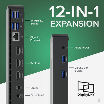 Plugable 12-en-1 USB Type-C Estación de acoplamiento 3 HDMI 60W PD