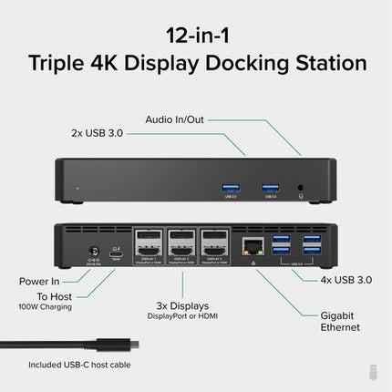 Plugable 12 en 1 estación de acoplamiento USB Type-C con 3 HDMI y carga 60W