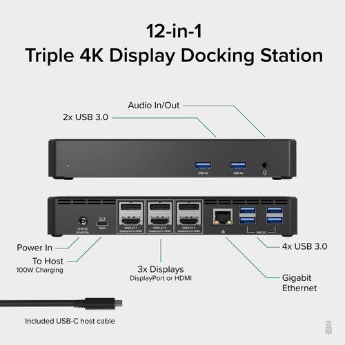 Plugable 12 en 1 estación de acoplamiento USB Type-C con 3 HDMI y carga 60W