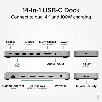 Plugable 14-en-1 Estación Docking USB-C 3.2 Gen1 100W HDMI Dual