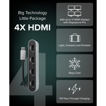 Plugable USB-C Adaptador Gráfico Cuádruple HDMI 4K 60Hz 100W carga