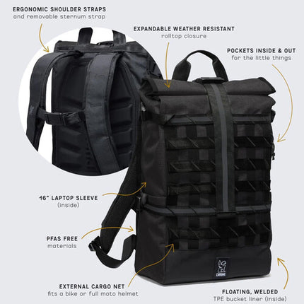 Chrome Industries Barrage Pack Mochila Negra 22L con Bolsillo para Laptop 15" y Correa Esternal