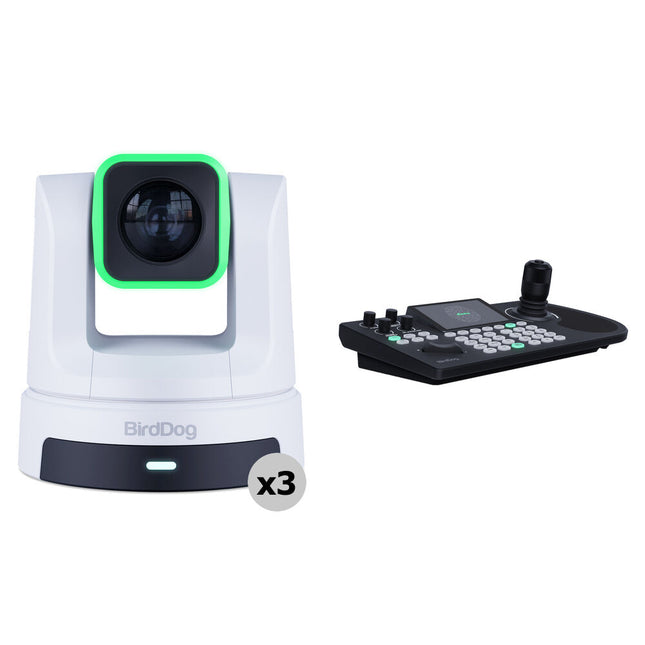BirdDog 3 x X5 Ultra cámaras PTZ 4K60 20x zoom con controlador KBD pantalla integrada blanco