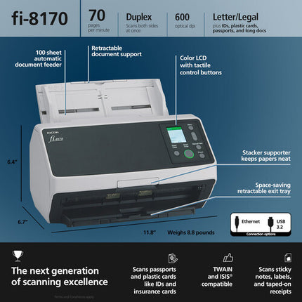Ricoh fi-8170 Escáner de Documentos con ADF 100 Hojas y 2 Años PaperStream Capture Pro