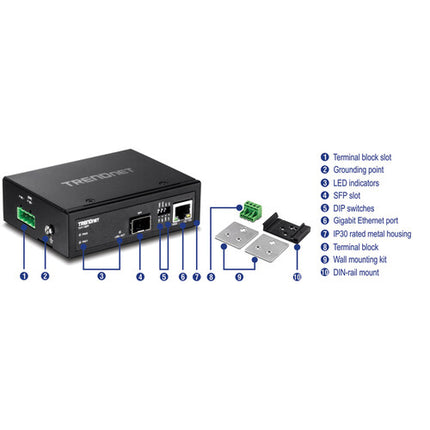 TRENDnet Industrial Conversor de Medios Ethernet Gigabit a Fibra SFP con Soporte Multi y Single Mode hasta 80 km