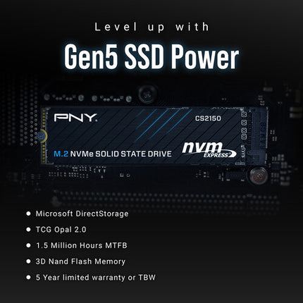 PNY 2TB CS2150 NVMe PCIe 5.0 M.2 SSD Interna 10300 MB/s 8600 MB/s 5 Años