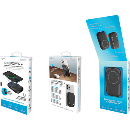 POM GEAR MAG Power+ Power Bank 5000mAh con cable USB-C integrado y anillo adhesivo