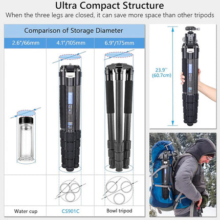 ARTCISE CS901C Trípode Compacto de Fibra de Carbono con Altura 8-72.9" y Carga 30 kg