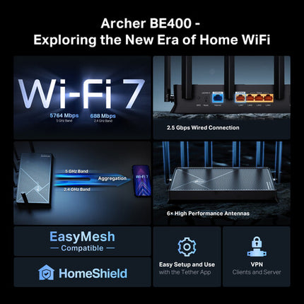 TP-Link Archer BE400 BE6500 Router Inalámbrico Dual-Banda Wi-Fi 7 6452 Mb/s 2.5G Ethernet