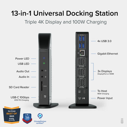 Plugable USB Type-C Estación de Acoplamiento Triple 4K con HDMI y Ethernet