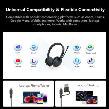 Nuroum HP21 Auriculares estéreo USB con micrófono cancelador de ruido y control integrado