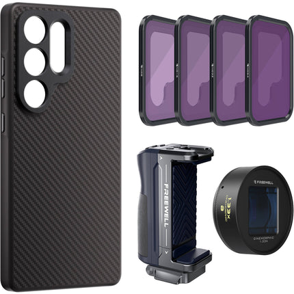 Freewell Pro Filmmaker Cine Pro Kit para Samsung Galaxy S25 Ultra con Lente Anamórfica 1.33x Blue y Kit de Filtros ND8 ND16 ND32 ND64