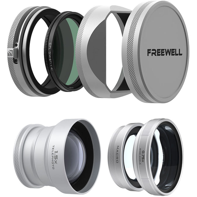 Freewell Kit de lentes profesional para cámaras FUJIFILM X100V VI plata con telefoto 1.5x y lente 2 en 1 gran angular y macro