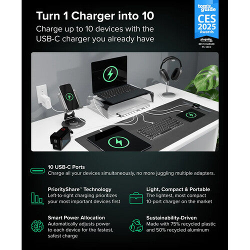 Plugable Cargador USB Prioritario 10 Puertos 5V 500mA PD 100W