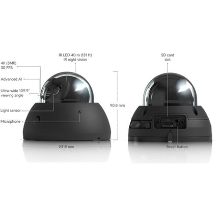 Ubiquiti UniFi AI Cámara Domo Exterior 4K 3840x2160 131m Visión Nocturna