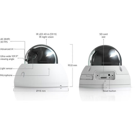 Ubiquiti UniFi AI Cámara de Red Domo Exterior 4K UHD 131 ft Visión Nocturna