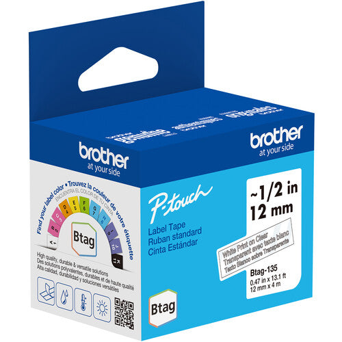Brother Btag Cinta para Etiquetas P-Touch PT-N10 PT-N20 PT-N25BT Blanca 0.5" x 13.1' Resistente Agua y Temperatura