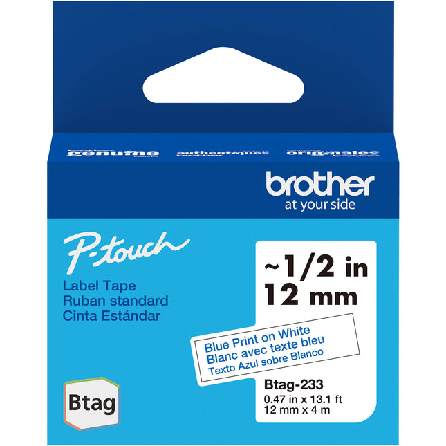 Brother Btag Cinta para Etiquetas 0.5 Pulgadas x 13.1 Pies Azul sobre Blanco Resistente