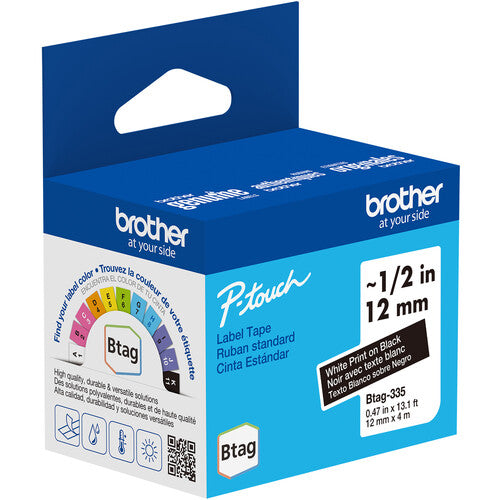 Brother Btag Cinta para Etiquetas P-Touch PT-N10 PT-N20 PT-N25BT Blanco sobre Negro 0.5" x 13.1' Resistente Agua Temperatura y Desgaste