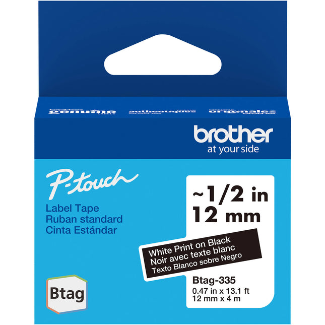 Brother Btag Cinta para Etiquetas P-Touch PT-N10 PT-N20 PT-N25BT Blanco sobre Negro 0.5" x 13.1' Resistente Agua Temperatura y Desgaste