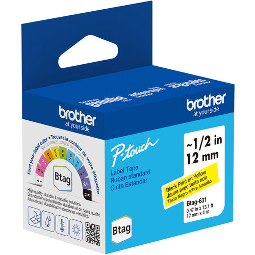 Cinta de etiquetado Brother Btag para P-Touch PT-N10 PT-N20 PT-N25BT 0.5 pulg x 13.1 pies negra sobre amarilla resistente agua y temperatura