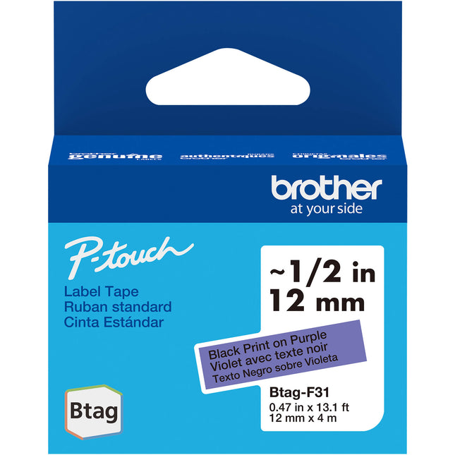 Brother Btag Cinta para Etiquetas P-Touch PT-N10 PT-N20 PT-N25BT 0.5" x 13.1' Negra sobre Morada resistente a agua y temperatura
