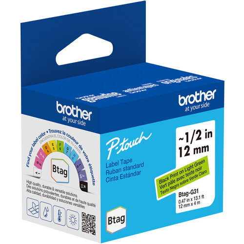 Brother Btag Cinta Etiquetas para P-Touch PT-N10 PT-N20 PT-N25BT 0.5" x 13.1' Texto Negro Verde Claro Resistente Agua Temperatura