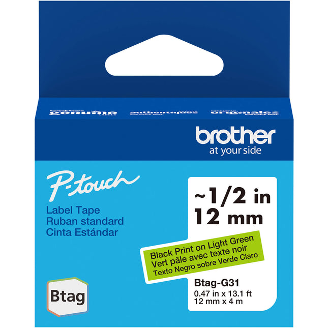 Brother Btag Cinta Etiquetas para P-Touch PT-N10 PT-N20 PT-N25BT 0.5" x 13.1' Texto Negro Verde Claro Resistente Agua Temperatura