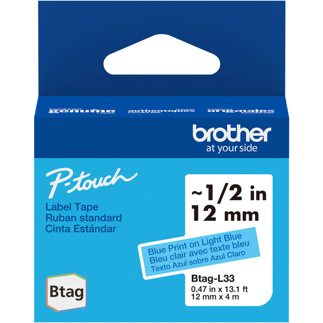 Brother Btag Cinta para Etiquetas P-Touch PT-N10 PT-N20 PT-N25BT 0.5" x 13.1' Azul sobre Azul Claro resistente agua temperatura y lavavajillas