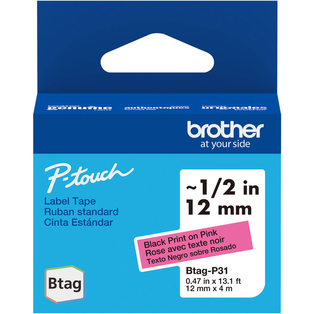 Brother Btag cinta de etiquetas para P-Touch PT-N10 PT-N20 PT-N25BT 0.5" x 13.1' negro sobre rosa resistente agua y temperatura