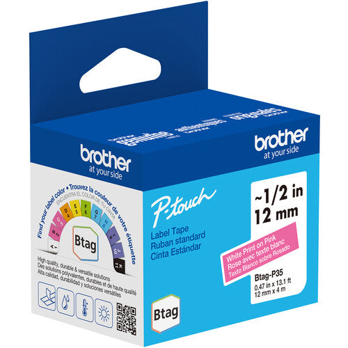 Brother Btag cinta para etiquetas P-Touch PT-N10 PT-N20 PT-N25BT blanca sobre rosa 0.5 pulg x 13.1 pies resistente agua temperatura y adhesivo fácil retirar