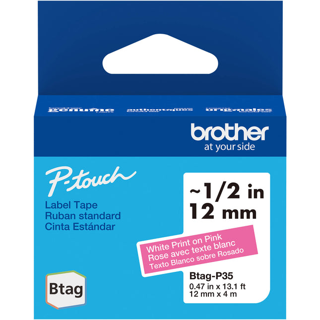 Brother Btag cinta para etiquetas P-Touch PT-N10 PT-N20 PT-N25BT blanca sobre rosa 0.5 pulg x 13.1 pies resistente agua temperatura y adhesivo fácil retirar