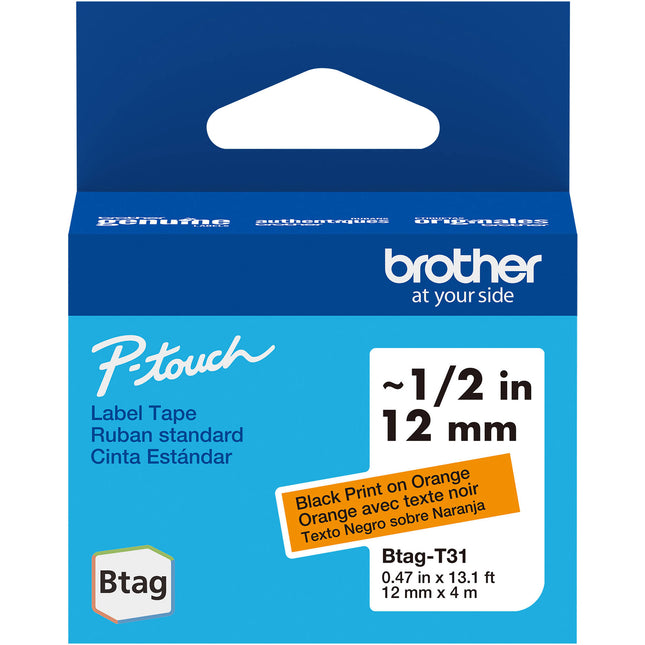 Brother Btag Cinta para Etiquetas P-Touch PT-N10 PT-N20 PT-N25BT 0.5" x 13.1' Negra sobre Naranja Resistente Agua y Temperatura