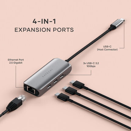 Satechi Hub USB-C 4 en 1 con Ethernet 2.5 Gigabit y 3 puertos 10 Gb/s