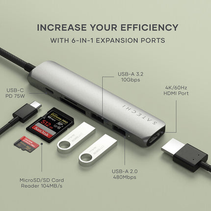Satechi Slim USB-C Adaptador Multi Puerto 6 en 1 HDMI 4K 60Hz USB 3.2 Gen 2