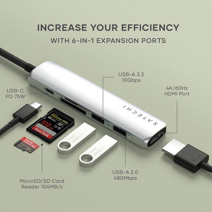 Satechi Slim Adaptador USB-C 6 en 1 Plata HDMI 4K 60Hz USB 10Gbps
