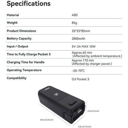 DigitalFoto Solution Limited Empuñadura Batería Portátil 2800mAh USB-C para DJI Pocket 3