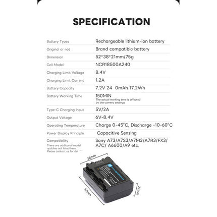 DigitalFoto Solution Limited Batería NP-FZ100 2400mAh Puerto USB-C con Indicador táctil