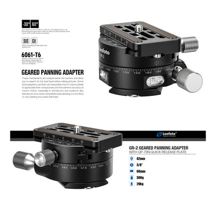 Leofoto GR-2 Adaptador Giratorio para Trípode con Base 360° y Placa Rápida 70mm