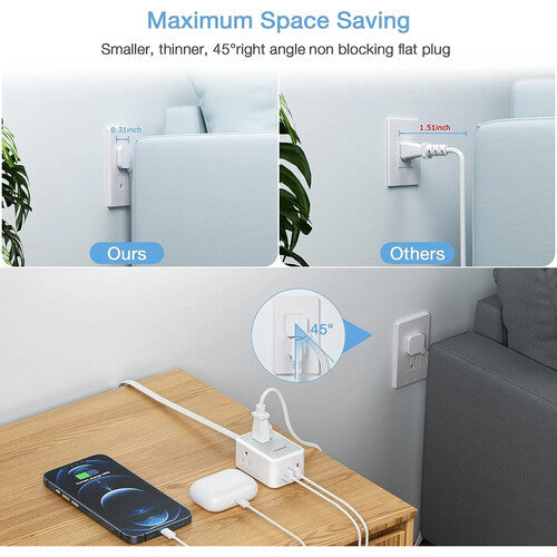 Tessan Cable Extensión Ultra Fino 5 Pies 3 Enchufes 3 Puertos USB