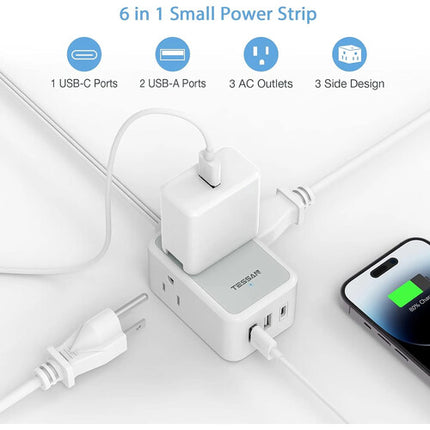 Tessan Cable Extensión Ultra Fino 5 Pies 3 Enchufes 3 Puertos USB