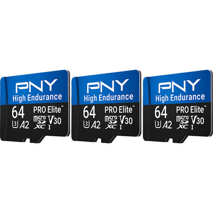 PNY 64GB PRO Elite microSDXC de Alta Resistencia UHS-I V30 3-Pack con Adaptador SD