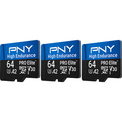 PNY 64GB PRO Elite microSDXC de Alta Resistencia UHS-I V30 3-Pack con Adaptador SD