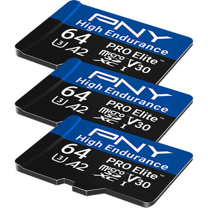 PNY 64GB PRO Elite microSDXC de Alta Resistencia UHS-I V30 3-Pack con Adaptador SD