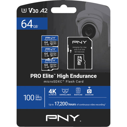 PNY 64GB PRO Elite microSDXC de Alta Resistencia UHS-I V30 3-Pack con Adaptador SD